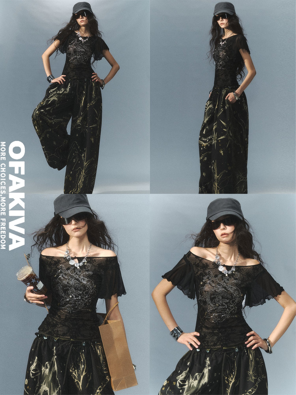 OfAkiva Off Shoulder Flocked Lace Mesh Rhinestone Ruffled Women&
