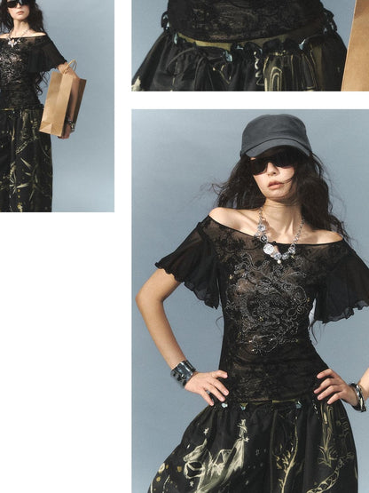 OfAkiva Off Shoulder Flocked Lace Mesh Rhinestone Ruffled Women&