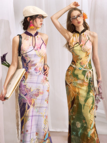 OfAkiva Oil Painting Floral Grid Halter Print Women&