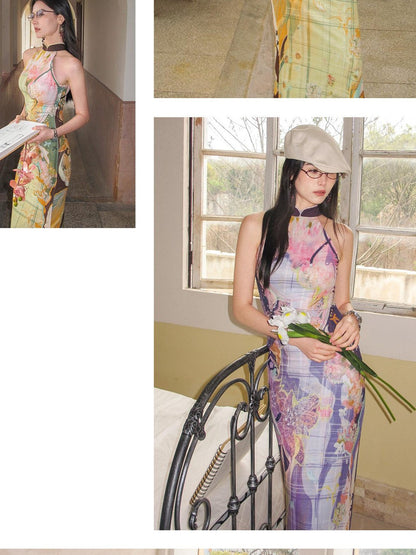 OfAkiva Oil Painting Floral Grid Halter Print Women&