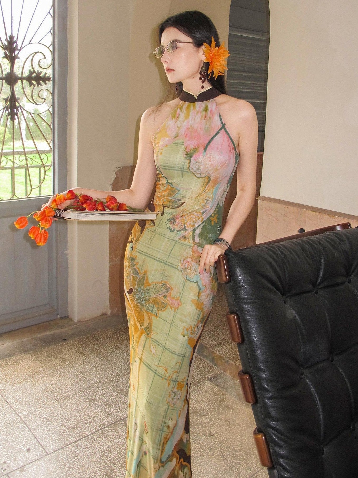 OfAkiva Oil Painting Floral Grid Halter Print Women&
