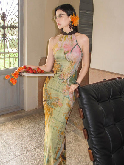 OfAkiva Oil Painting Floral Grid Halter Print Women&