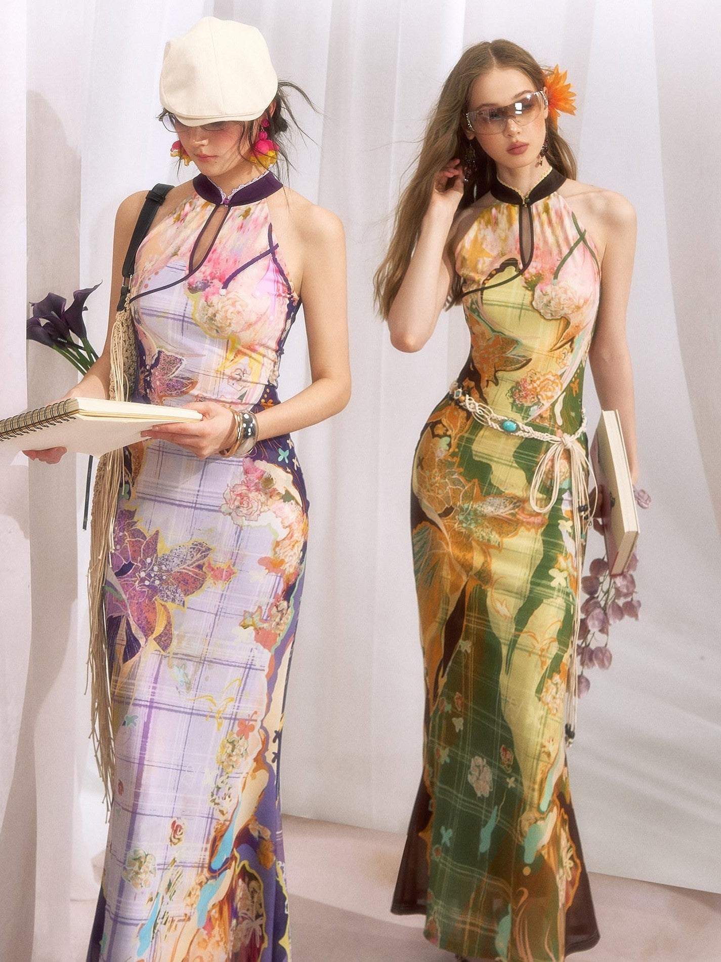 OfAkiva Oil Painting Floral Grid Halter Print Women&