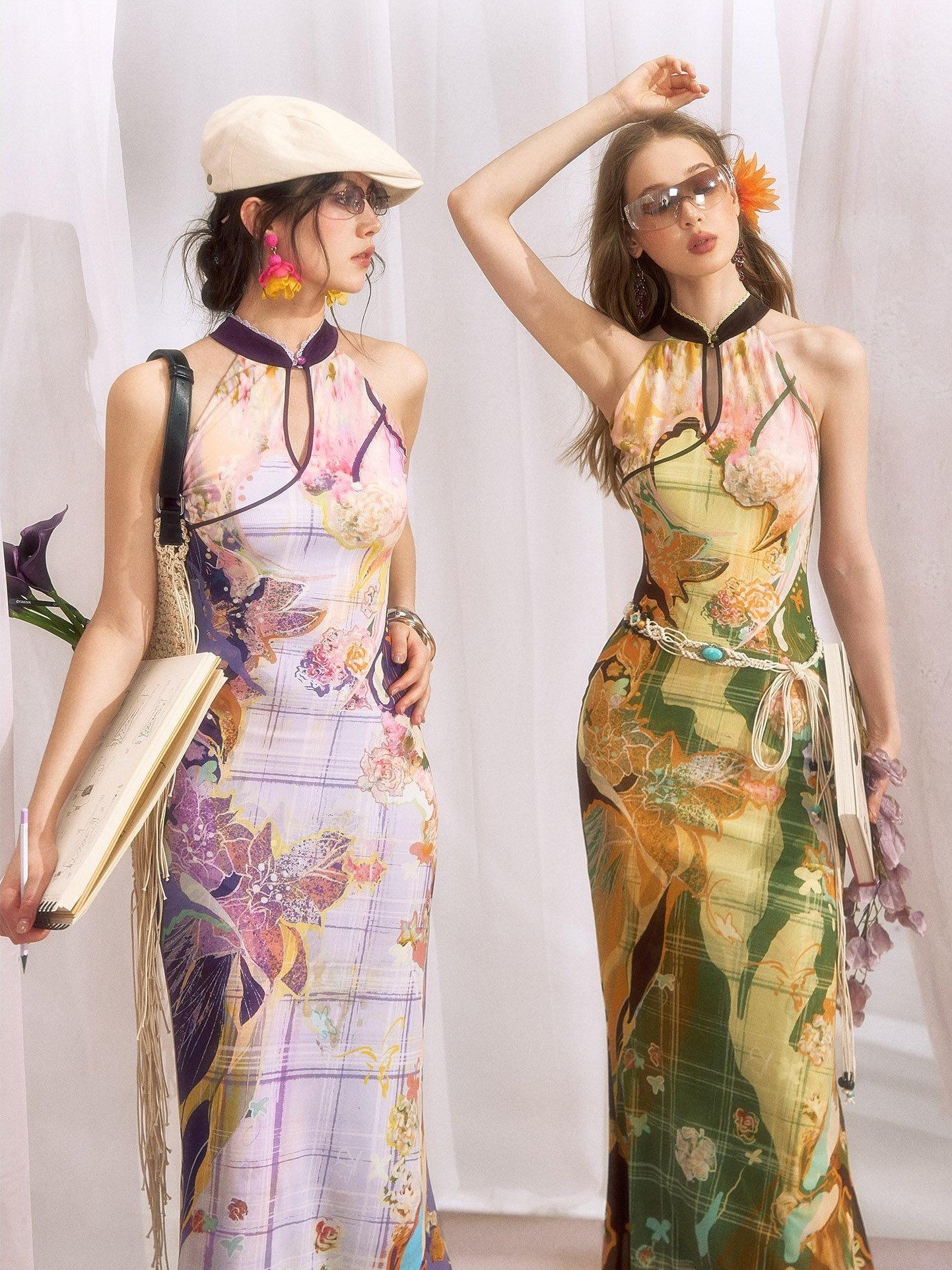 OfAkiva Oil Painting Floral Grid Halter Print Women&