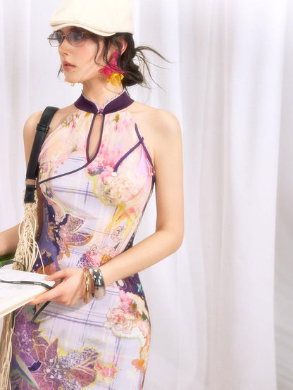 OfAkiva Oil Painting Floral Grid Halter Print Women&