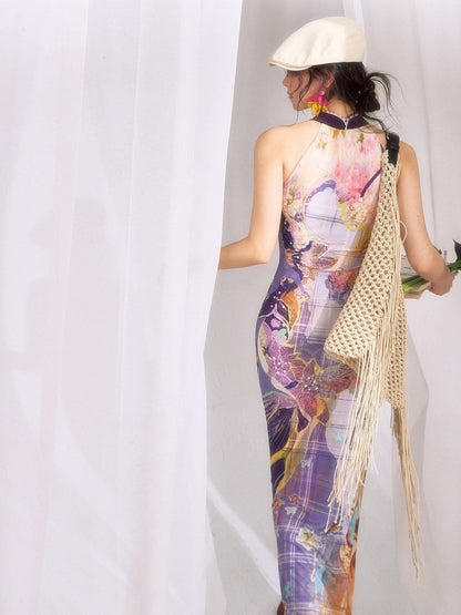 OfAkiva Oil Painting Floral Grid Halter Print Women&