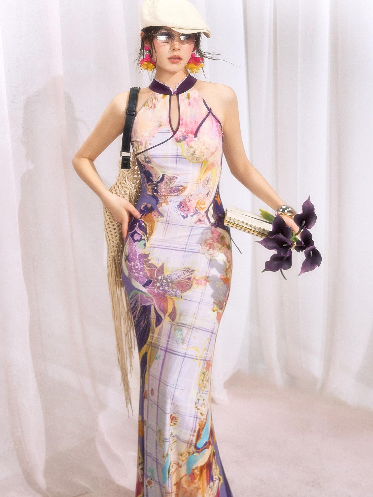 OfAkiva Oil Painting Floral Grid Halter Print Women&