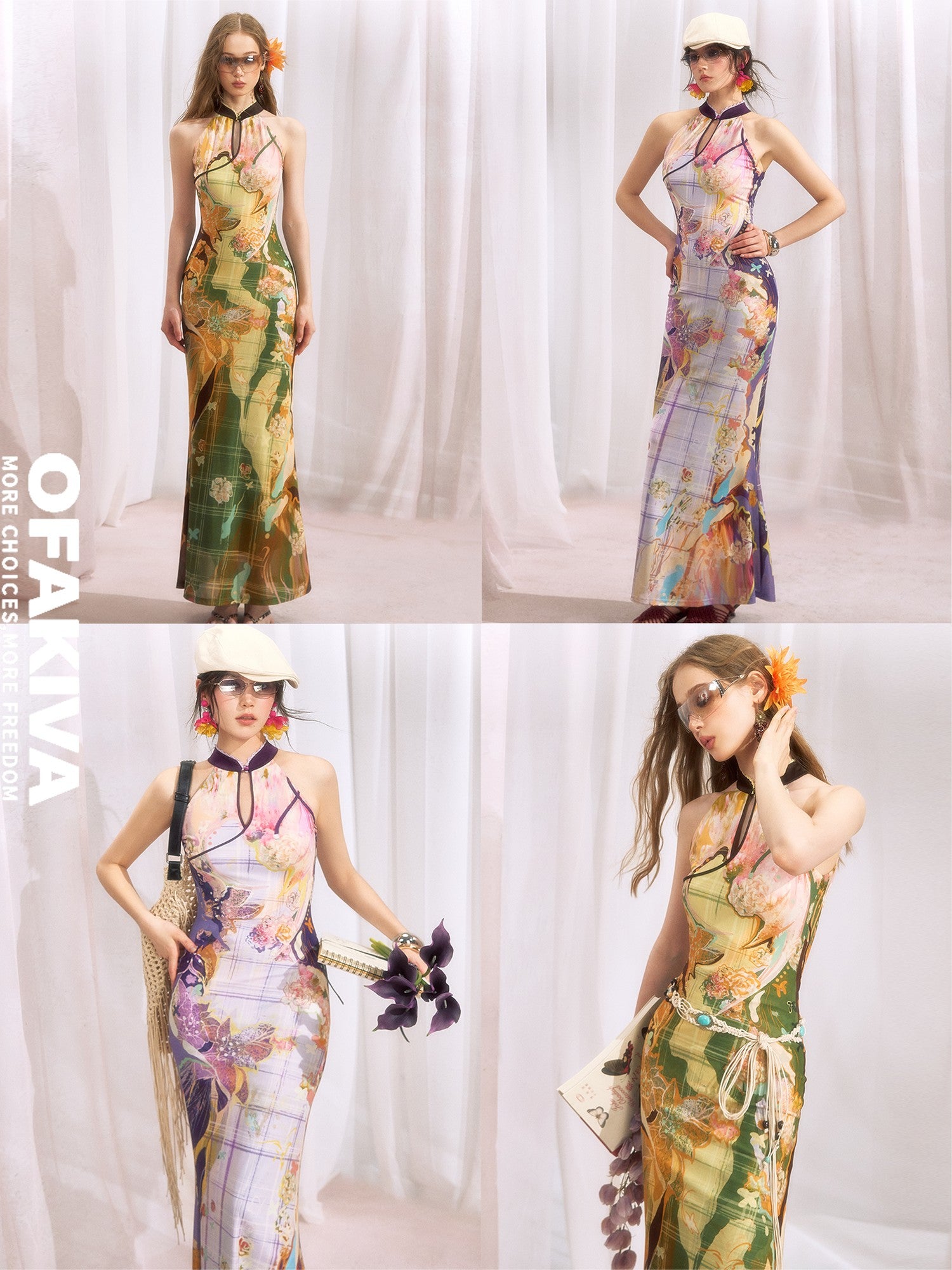 OfAkiva Oil Painting Floral Grid Halter Print Women&