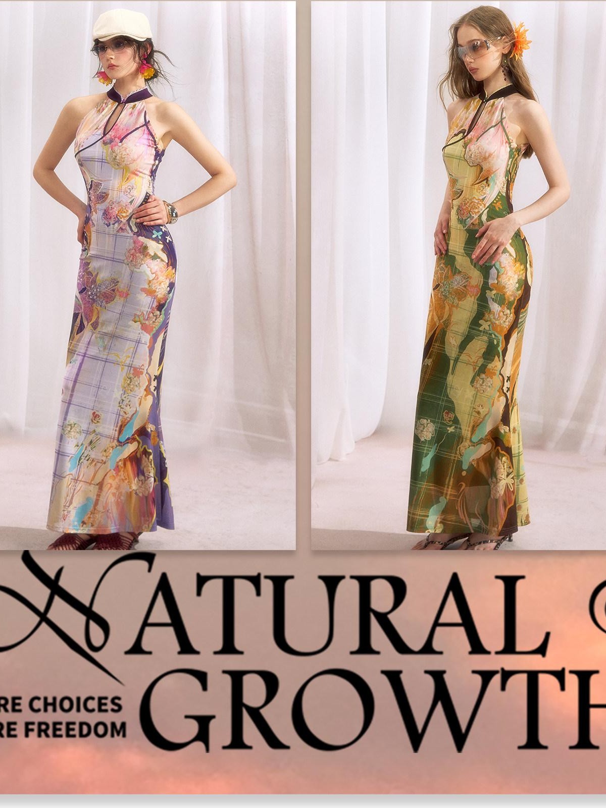 OfAkiva Oil Painting Floral Grid Halter Print Women&