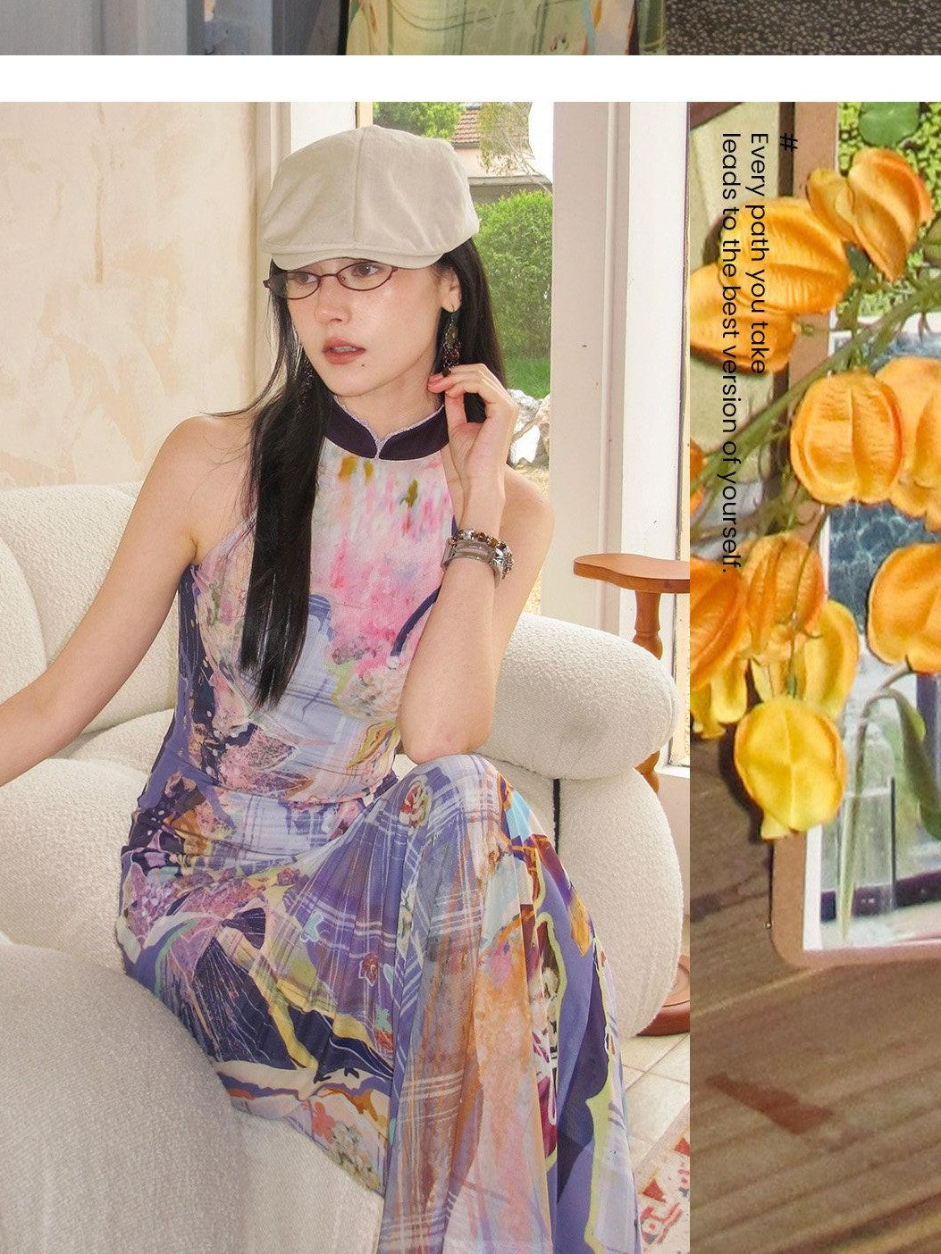 OfAkiva Oil Painting Floral Grid Halter Print Women&