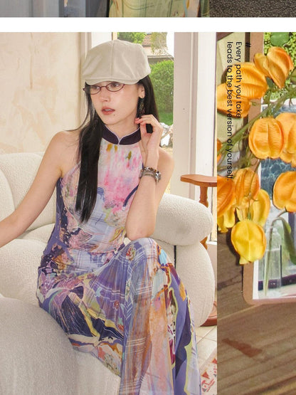 OfAkiva Oil Painting Floral Grid Halter Print Women&