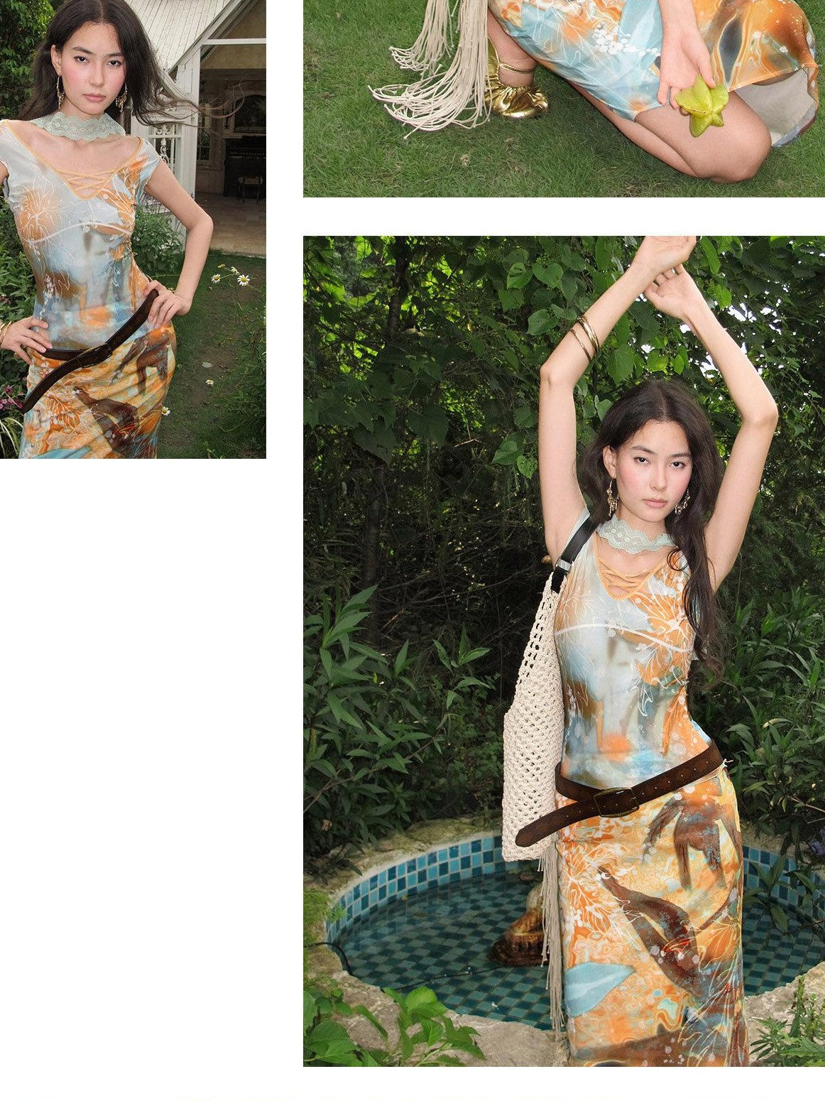 OfAkiva Oil Print Tulle Sleeveless Asymmetric Chiffon Women&