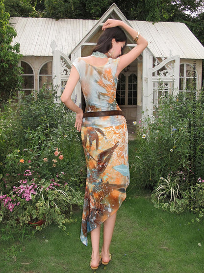 OfAkiva Oil Print Tulle Sleeveless Asymmetric Chiffon Women&