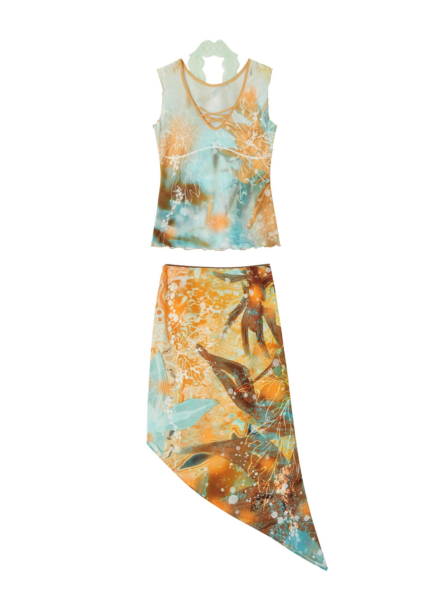 OfAkiva Oil Print Tulle Sleeveless Asymmetric Chiffon Women&
