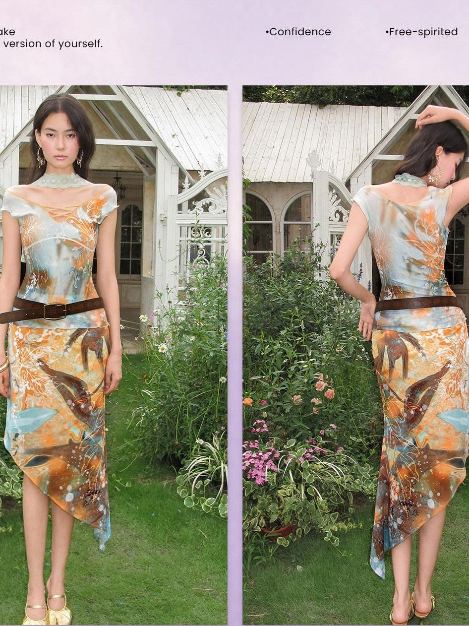 OfAkiva Oil Print Tulle Sleeveless Asymmetric Chiffon Women&