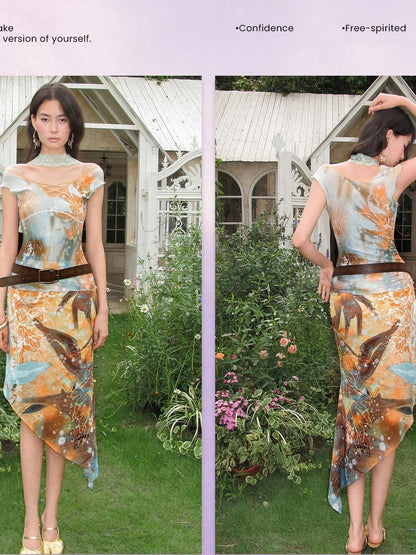 OfAkiva Oil Print Tulle Sleeveless Asymmetric Chiffon Women&