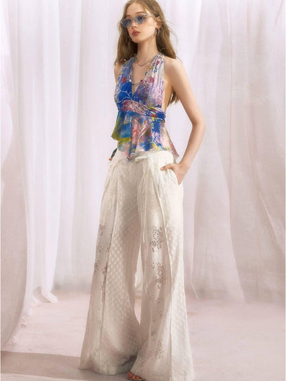 OfAkiva Ombre Print Halter Tie V-neck Ruffle Women&