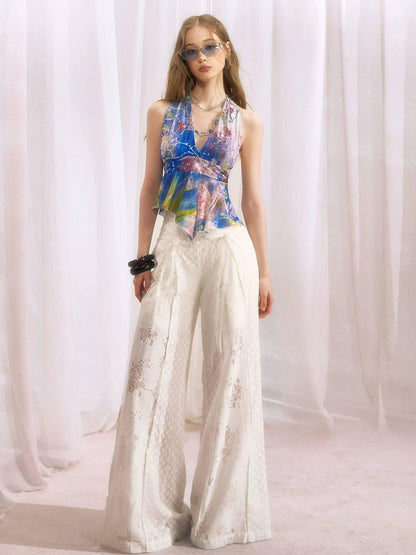 OfAkiva Ombre Print Halter Tie V-neck Ruffle Women&