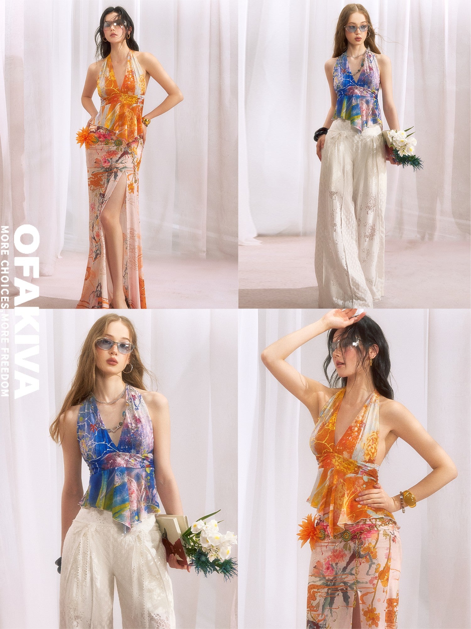 OfAkiva Ombre Print Halter Tie V-neck Ruffle Women&