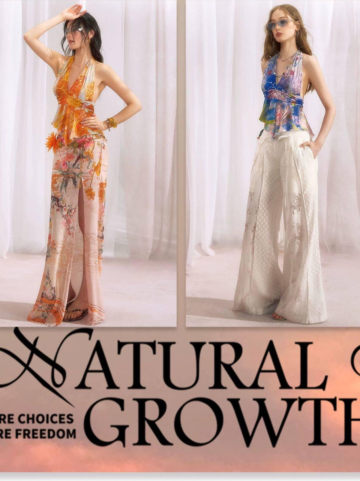 OfAkiva Ombre Print Halter Tie V-neck Ruffle Women&