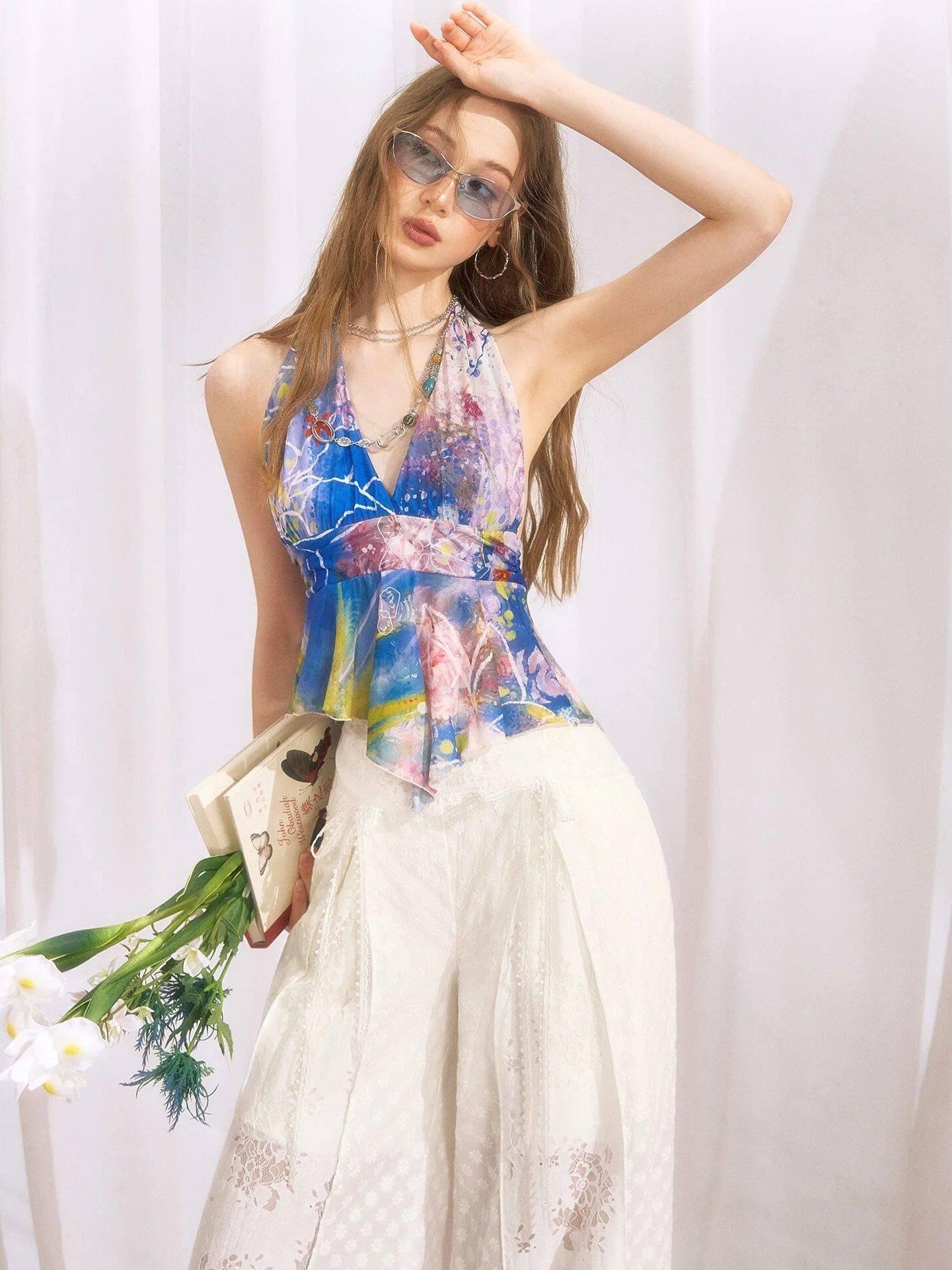 OfAkiva Ombre Print Halter Tie V-neck Ruffle Women&