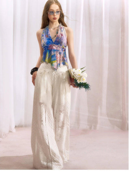 OfAkiva Ombre Print Halter Tie V-neck Ruffle Women&