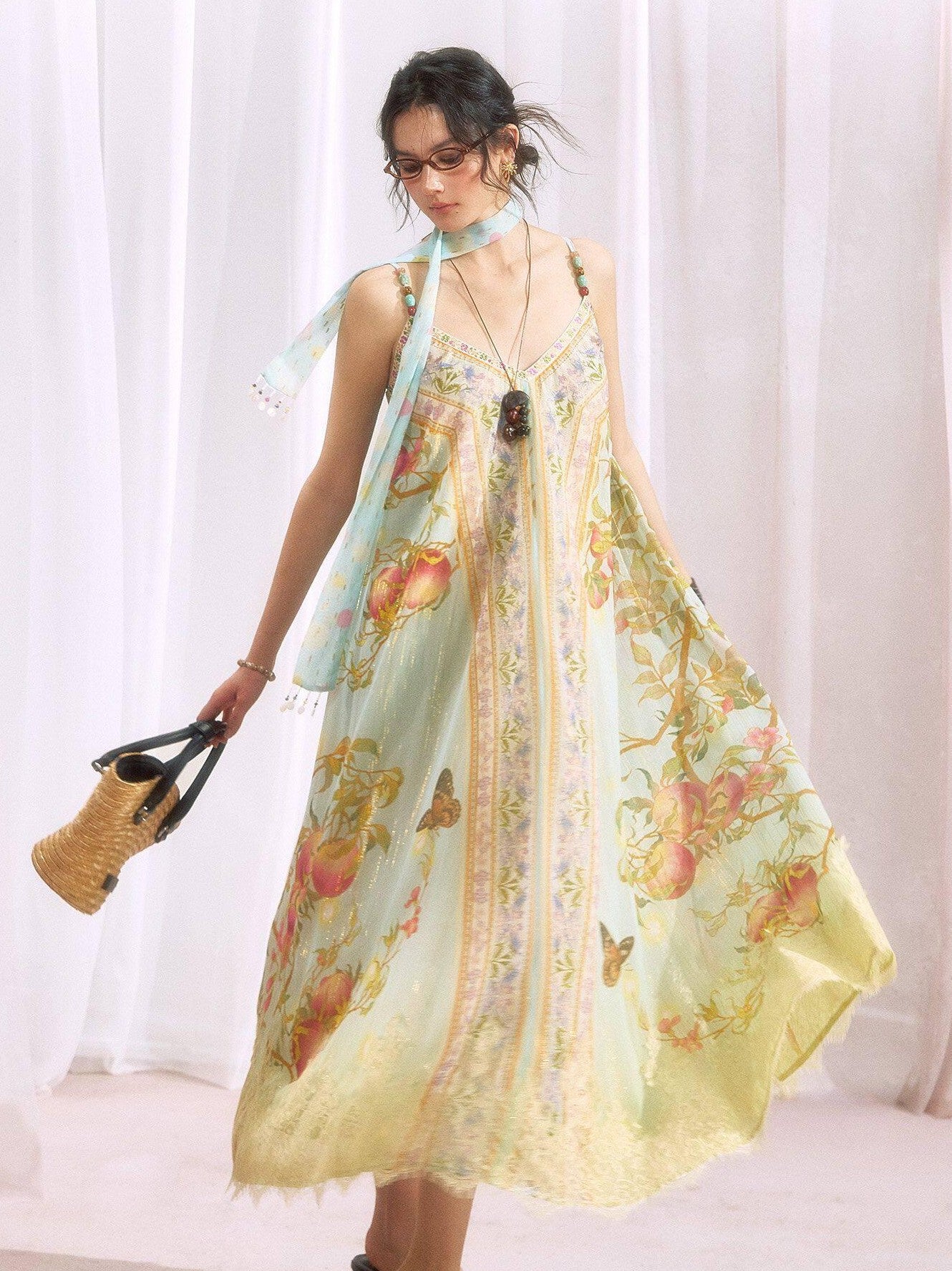 OfAkiva Oriental Peach Branch Gold Silver Thread Print Women&