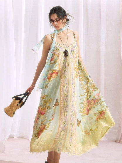 OfAkiva Oriental Peach Branch Gold Silver Thread Print Women&