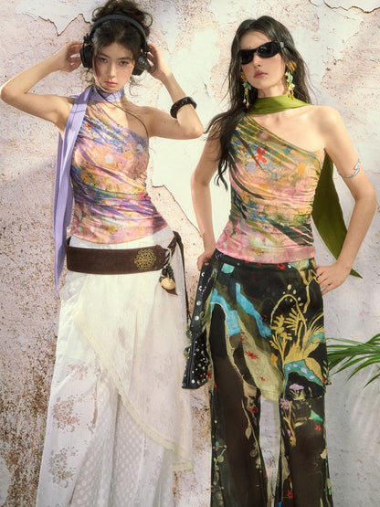 OfAkiva Painterly Ombre One Shoulder Print Chinese Style Women&