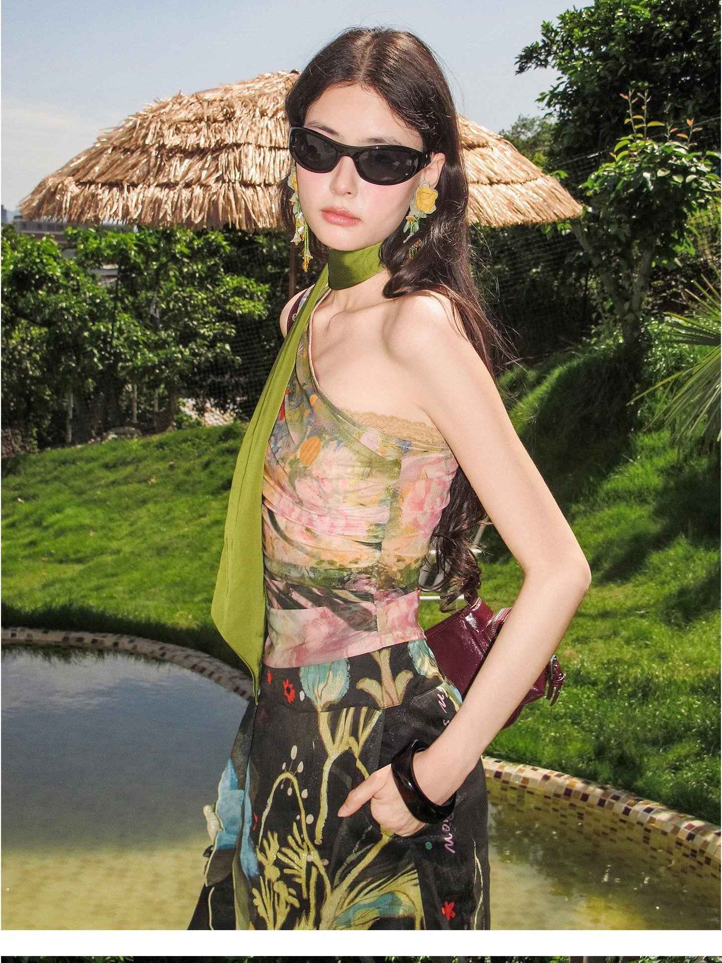 OfAkiva Painterly Ombre One Shoulder Print Chinese Style Women&