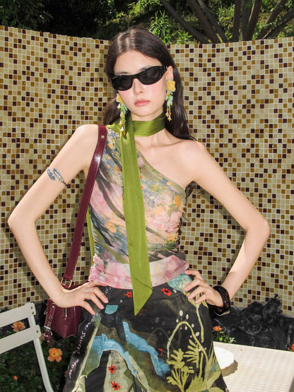 OfAkiva Painterly Ombre One Shoulder Print Chinese Style Women&