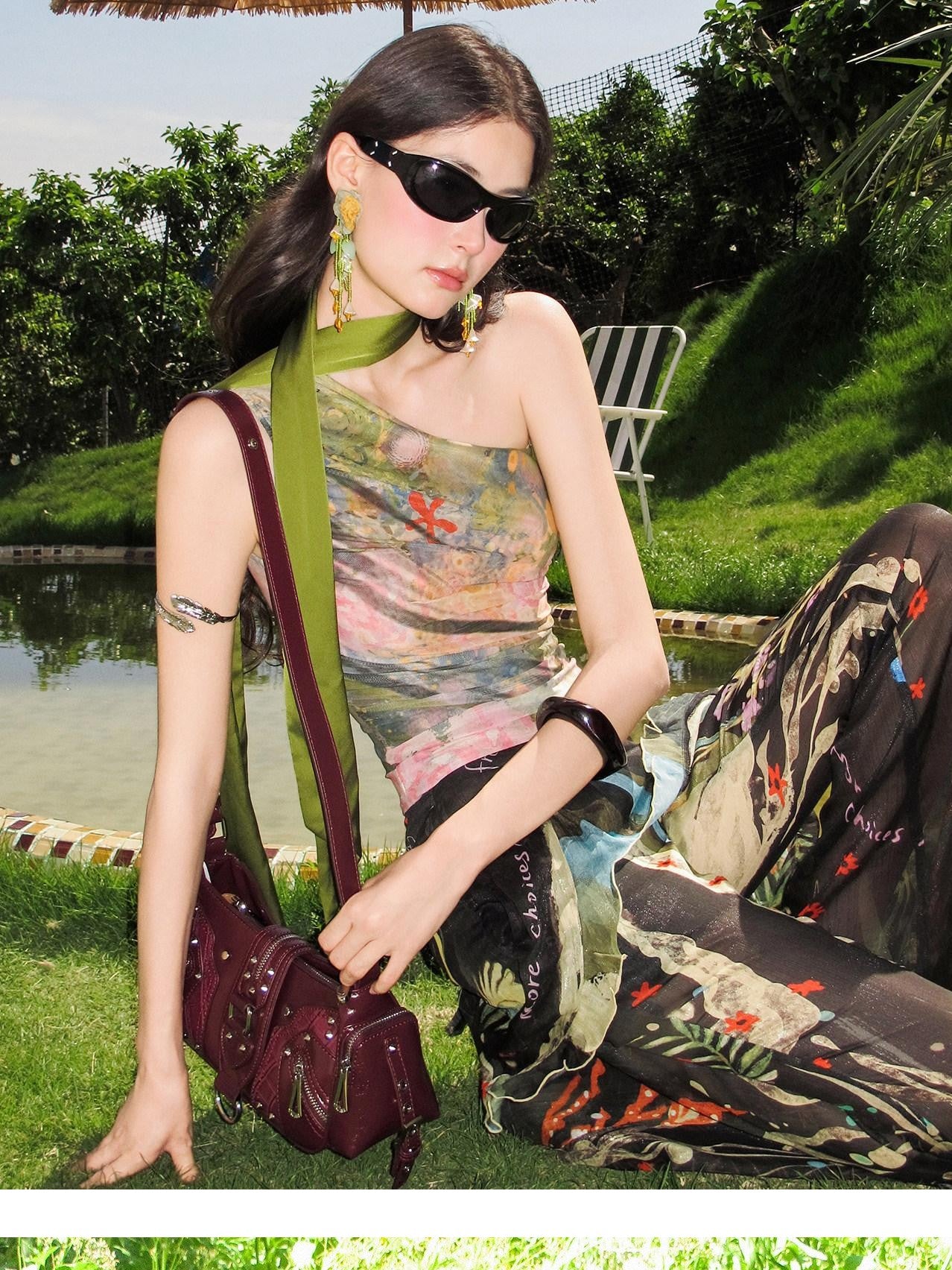 OfAkiva Painterly Ombre One Shoulder Print Chinese Style Women&