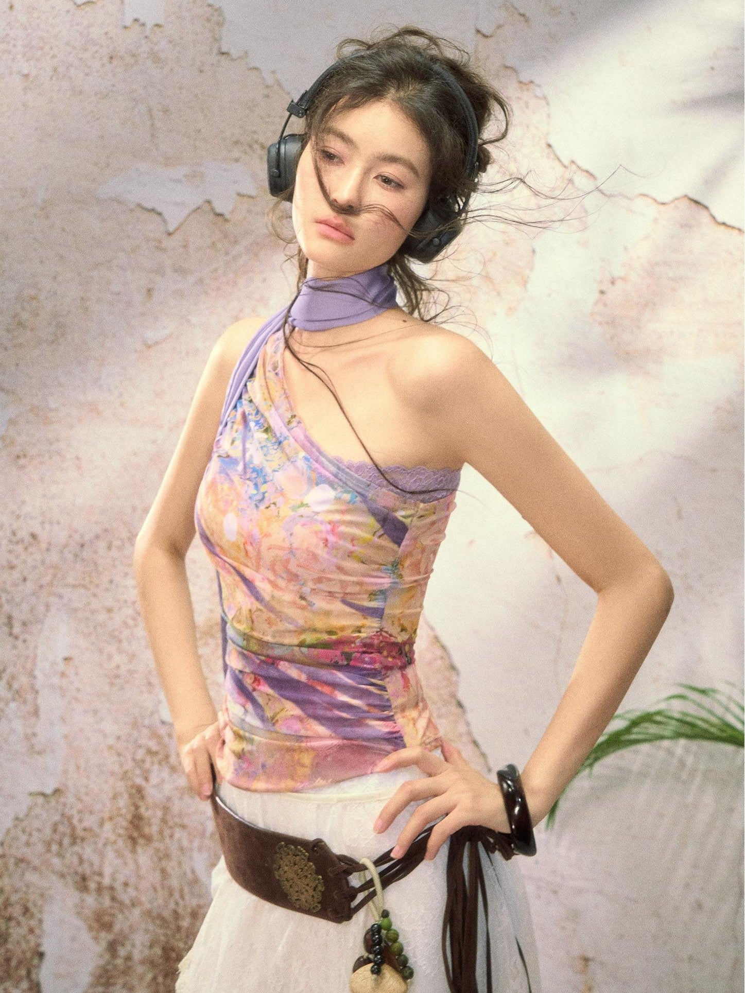 OfAkiva Painterly Ombre One Shoulder Print Chinese Style Women&