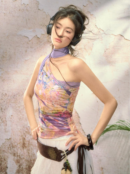 OfAkiva Painterly Ombre One Shoulder Print Chinese Style Women&