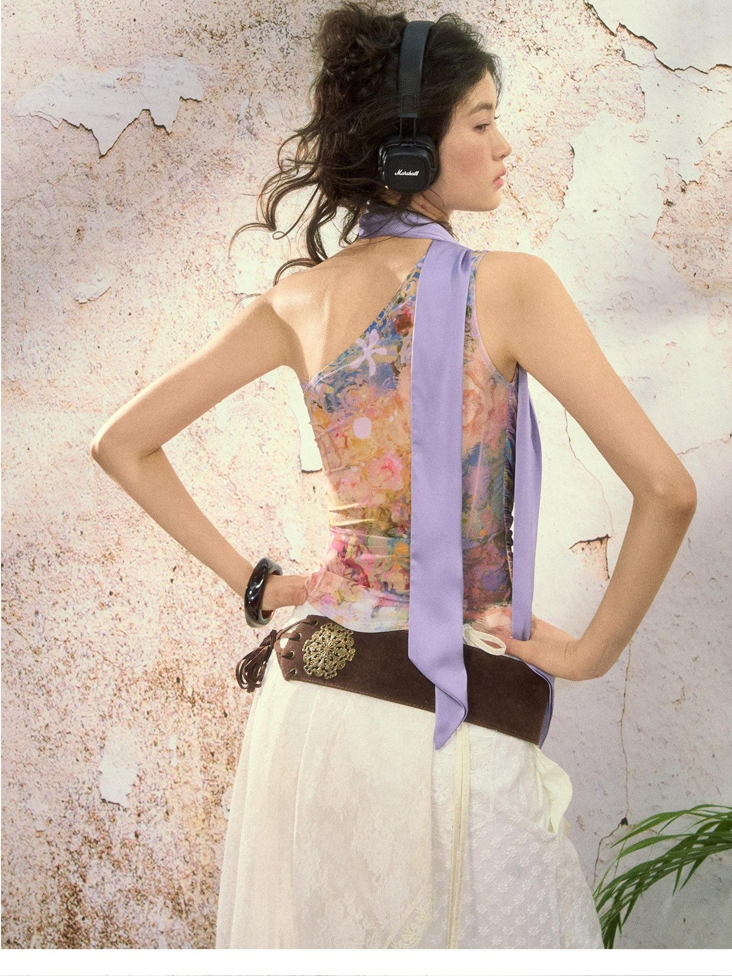 OfAkiva Painterly Ombre One Shoulder Print Chinese Style Women&
