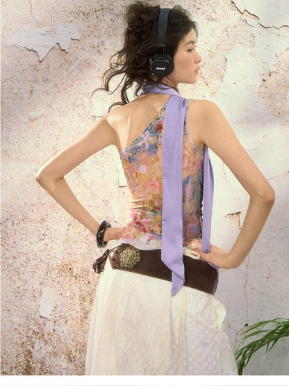 OfAkiva Painterly Ombre One Shoulder Print Chinese Style Women&