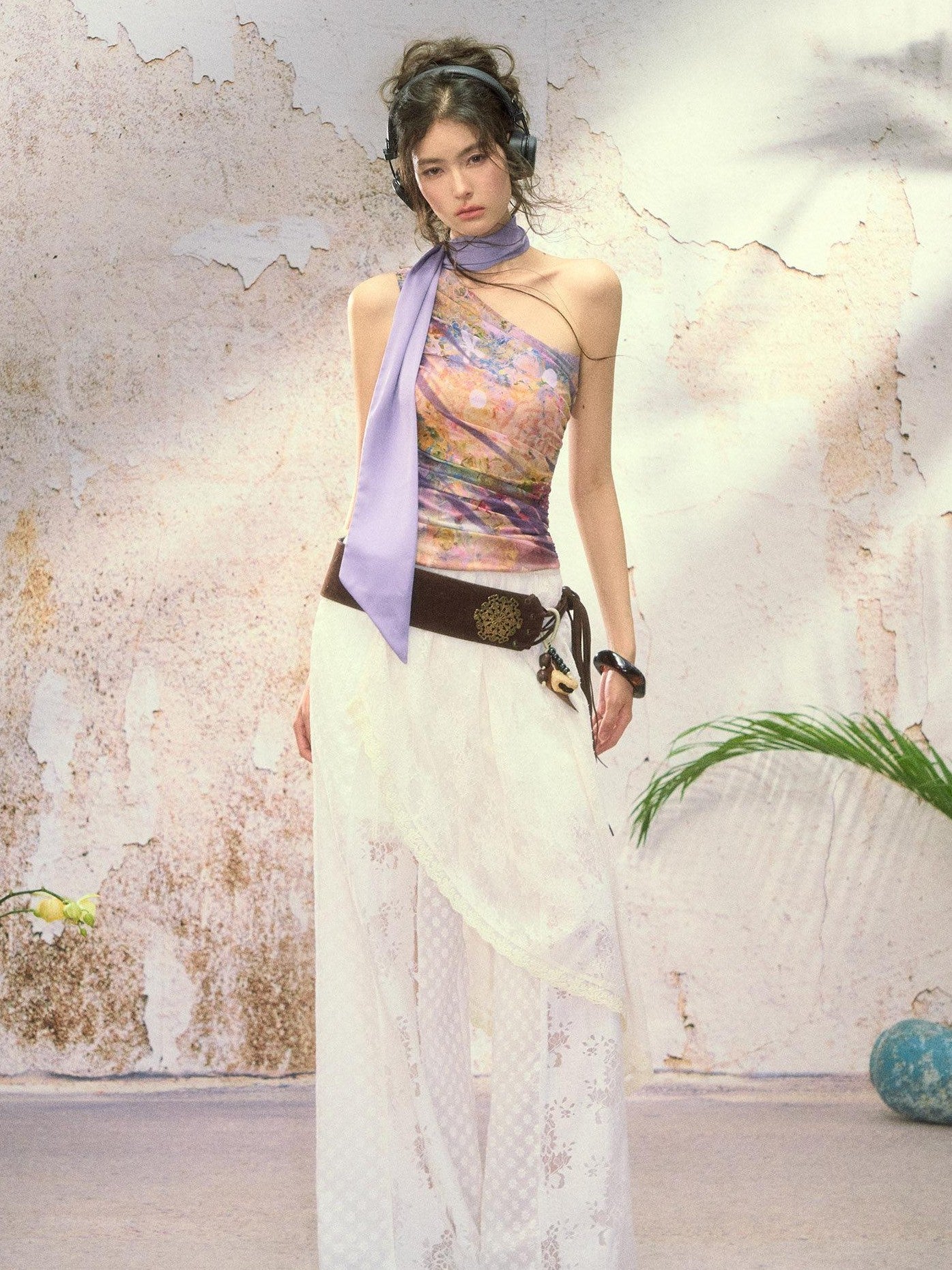 OfAkiva Painterly Ombre One Shoulder Print Chinese Style Women&