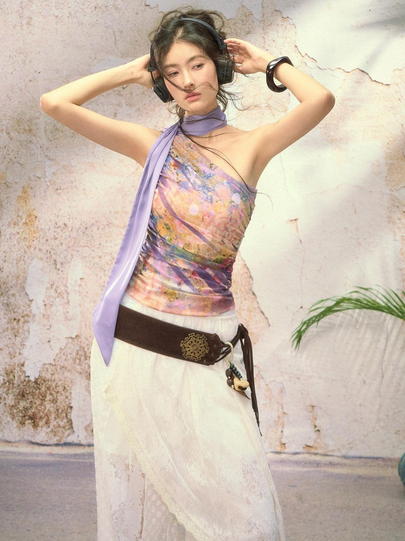OfAkiva Painterly Ombre One Shoulder Print Chinese Style Women&