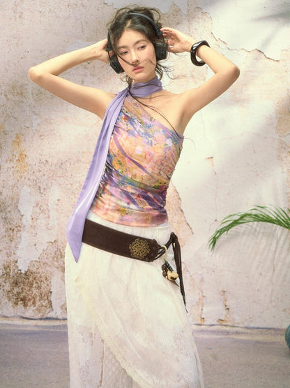 OfAkiva Painterly Ombre One Shoulder Print Chinese Style Women&