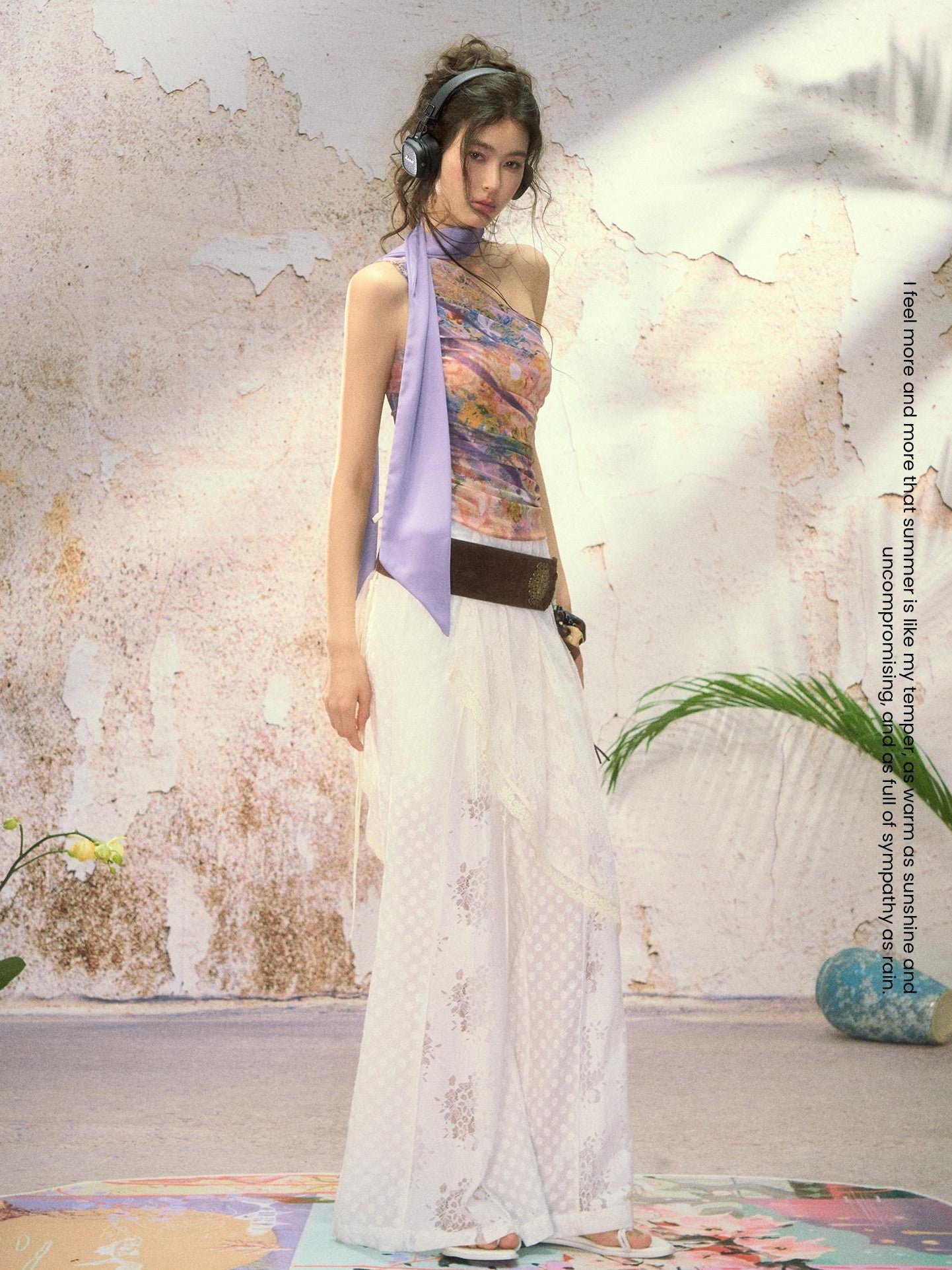 OfAkiva Painterly Ombre One Shoulder Print Chinese Style Women&