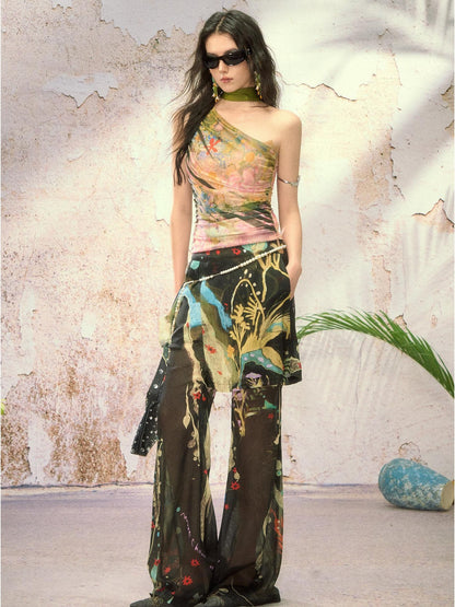 OfAkiva Painterly Ombre One Shoulder Print Chinese Style Women&