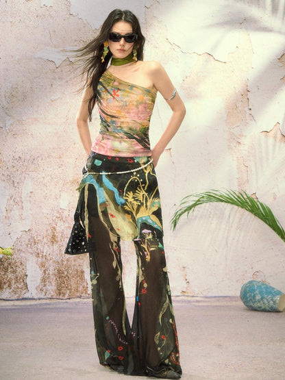 OfAkiva Painterly Ombre One Shoulder Print Chinese Style Women&