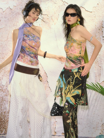 OfAkiva Painterly Ombre One Shoulder Print Chinese Style Women&