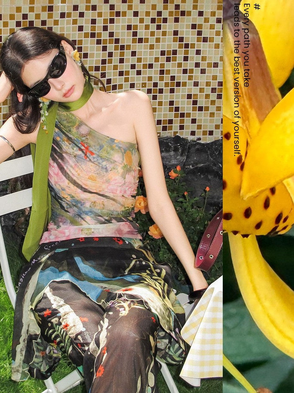 OfAkiva Painterly Ombre One Shoulder Print Chinese Style Women&