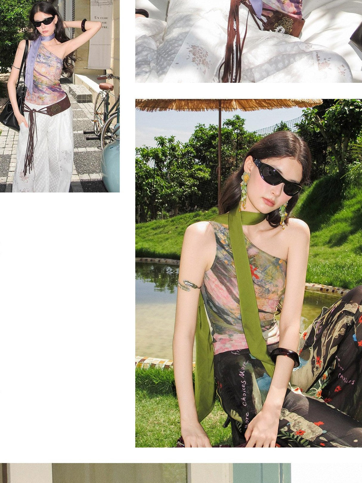 OfAkiva Painterly Ombre One Shoulder Print Chinese Style Women&