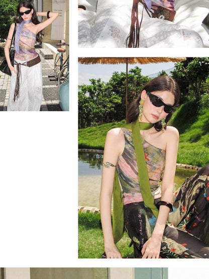 OfAkiva Painterly Ombre One Shoulder Print Chinese Style Women&