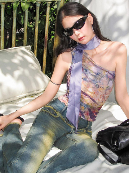 OfAkiva Painterly Ombre One Shoulder Print Chinese Style Women&