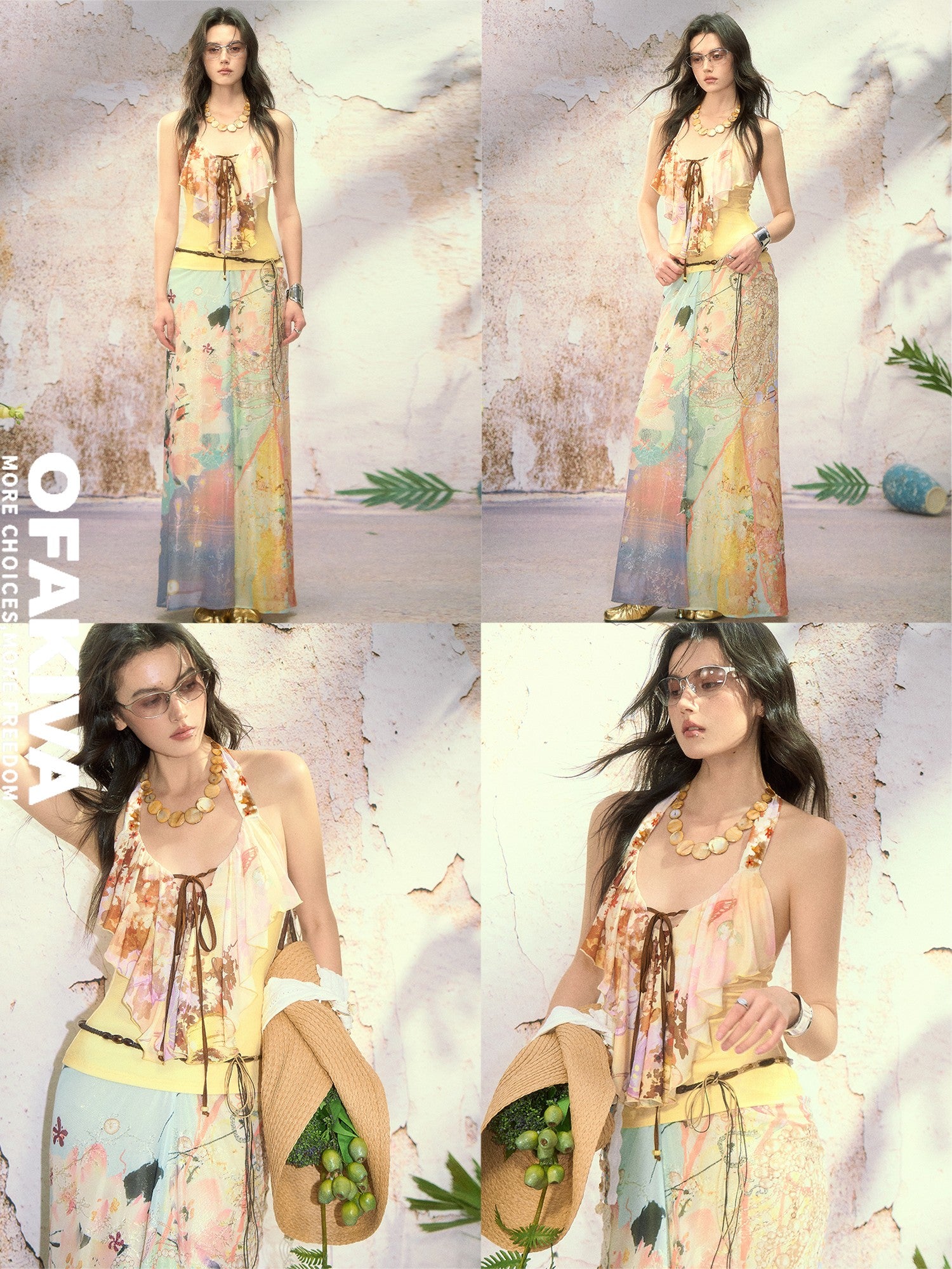 OfAkiva Peach Orange Vintage Ruffle Halter Women&