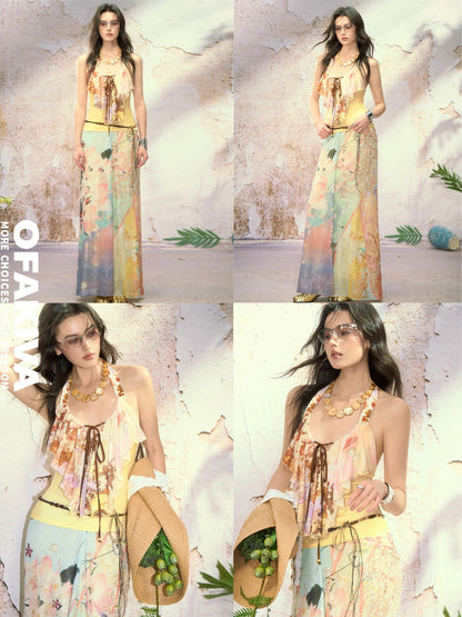 OfAkiva Peach Orange Vintage Ruffle Halter Women&