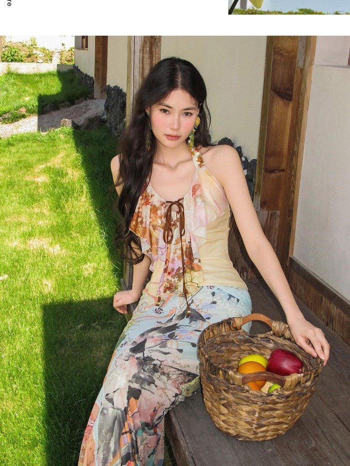 OfAkiva Peach Orange Vintage Ruffle Halter Women&